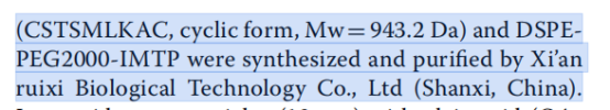 引用瑞禧生物产品：IMTP (CSTSMLKAC, cyclic form, Mw =943.2 Da) and DSPE PEG2000-IMTP 