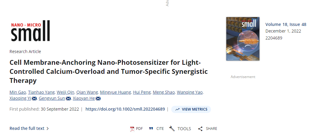 Cell Membrane-Anchoring Nano-Photosensitizer for Light-Controlled Calcium-Overload and Tumor-Specific Synergistic Therapy  配图