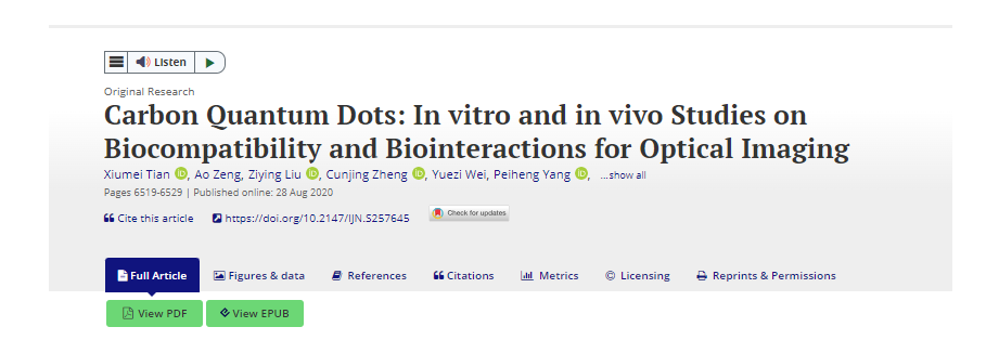 Carbon Quantum Dots: In vitro and in vivo Studies on Biocompatibility and Biointeractions for Optical Imaging 配图