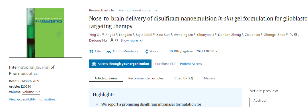 Nose-to-brain delivery of disulfiram nanoemulsion in situ gel formulation for glioblastoma targeting therapy 配图