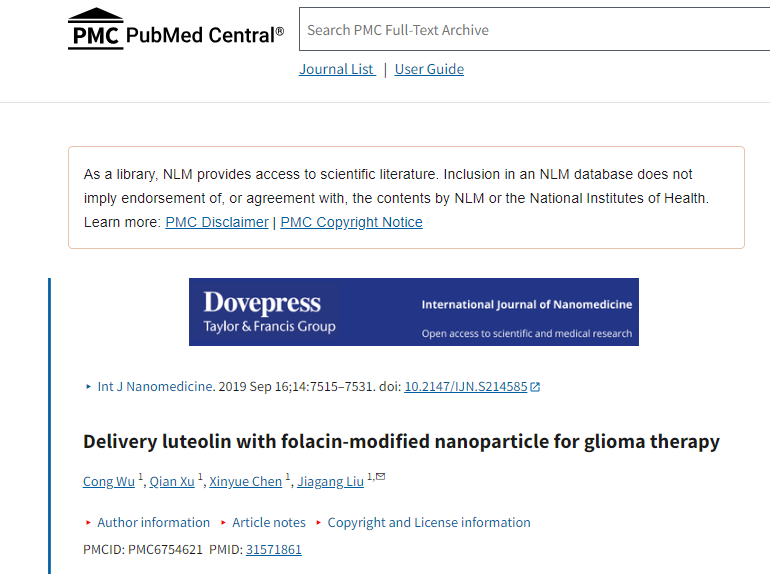 Delivery luteolin with folacin-modified nanoparticle for glioma therapy 配图