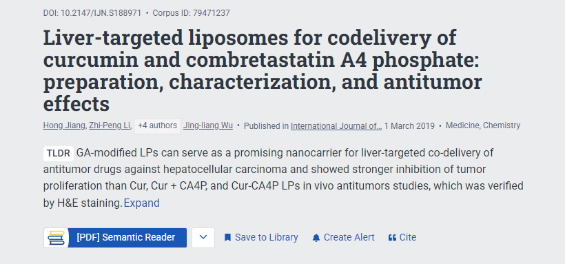liver-targeted liposomes for codelivery of curcumin and combretastatin a4 phosphate: preparation, characterization, and antitumor effects 配图
