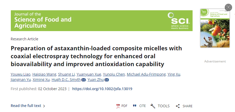 Preparation of astaxanthin-loaded composite micelles with coaxial electrospray technology for enhanced oral bioavailability and improved antioxidation capability 配图