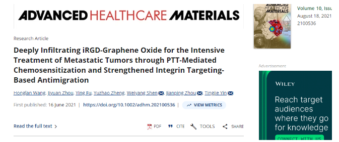 Deeply Infiltrating iRGD-Graphene Oxide for the Intensive Treatment of Metastatic Tumors through PTT-Mediated Chemosensitization and Strengthened Integrin Targeting-Based Antimigration 配图