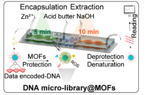 Metal-Organic Frameworks in Microfluidics Enable Fast Encapsulation/Extraction of DNA for Automated and Integrated Data Storage