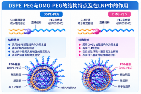 DSPE-PEG与DMG-PEG对mRNA/siRNA递送效率的影响：从脂质锚定结构到细胞内递送机制的研究