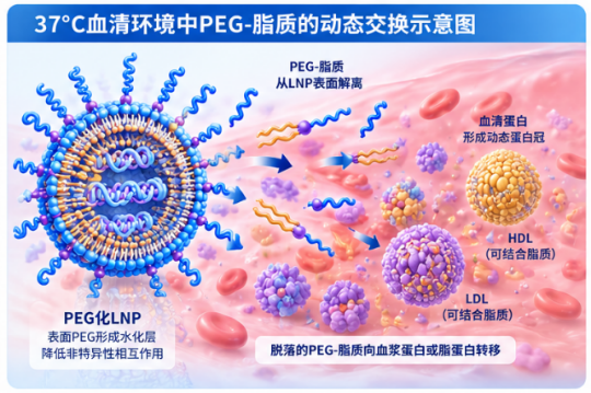 37°C血清孵育条件下的PEG保留率研究：PEG-脂质脱附动力学及其对LNP稳定性的影响配图