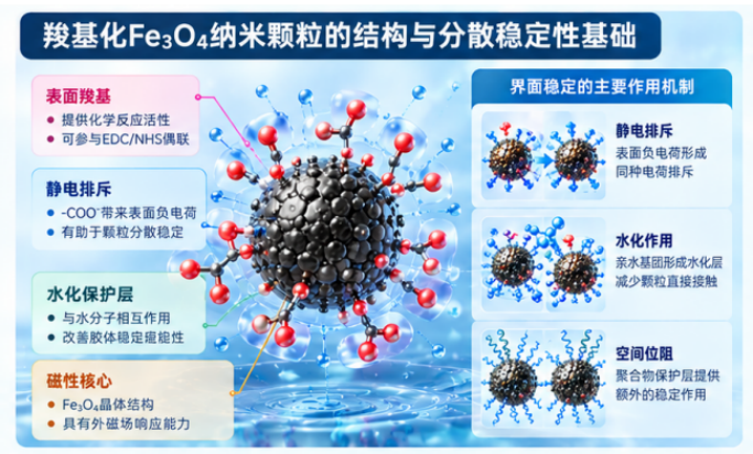 羧基化Fe₃O₄纳米颗粒在EDC/NHS偶联中的分散稳定性问题：界面反应、颗粒聚集机制与生物偶联性能分析配图