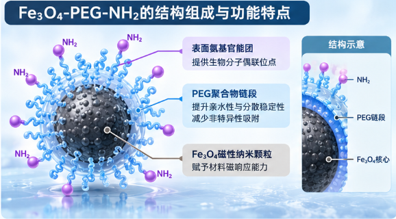 Fe₃O₄-PEG-NH₂表面氨基修饰及抗体偶联应用研究配图