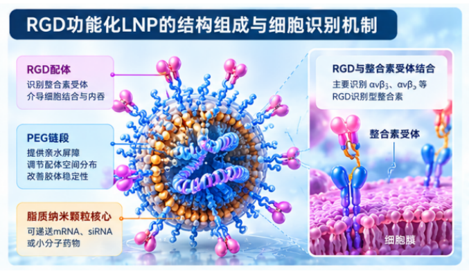 RGD功能化LNP的结构组成与细胞识别机制