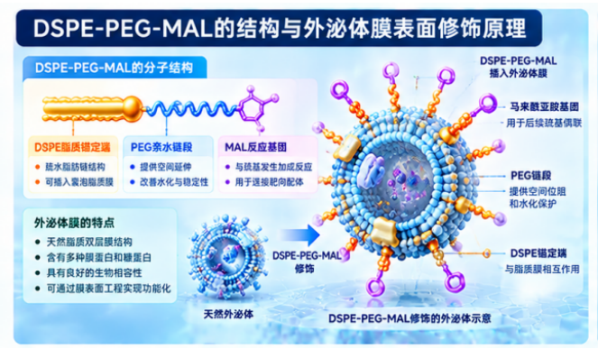 瑞禧生物DSPE-PEG-MAL用于外泌体膜表面巯基配体偶联的方法：脂质膜锚定、巯基反应与靶向功能化研究配图