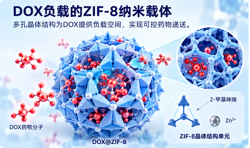 DOX装载方式对ZIF-8载药量与释放曲线的影响——从孔道吸附、原位包封到pH响应性药物释放调控配图