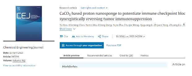 CaCO3 based proton nanosponge to potentiate immune checkpoint blockade therapy by synergistically reversing tumor immunosuppression 配图