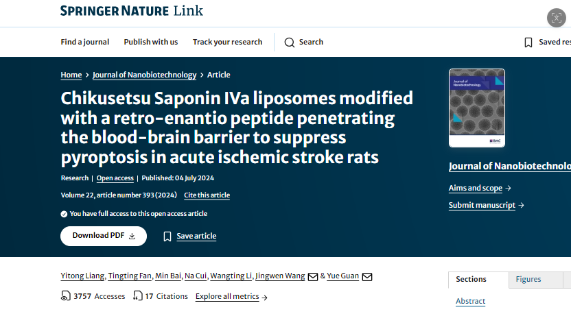 Chikusetsu Saponin IVa liposomes modified with a retro-enantio peptide penetrating the blood-brain barrier to suppress pyroptosis in acute ischemic stroke rats  配图